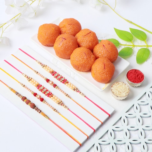 Buy Set of 5 Rakhi with Motichoor Laddoo