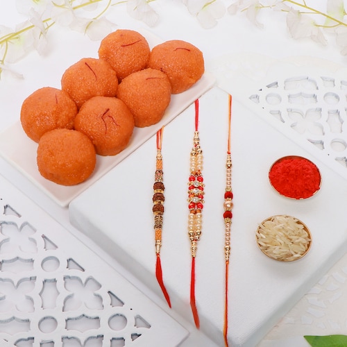 Buy Set of 3 Rakhi with Motichoor Laddoo