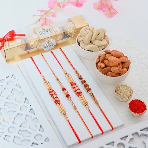 Buy Set of 4 Rakhi with Ferrero Rocher and Dry Fruits