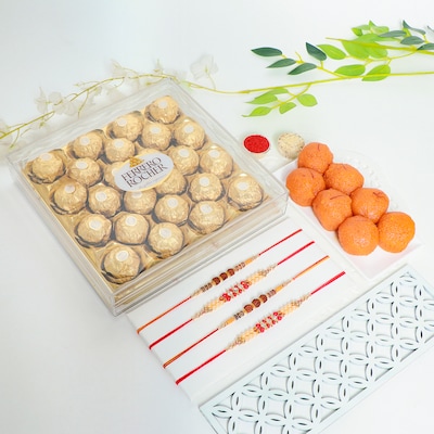 Set of 4 Rakhi with Ferrero Rocher and Motichoor Laddoo