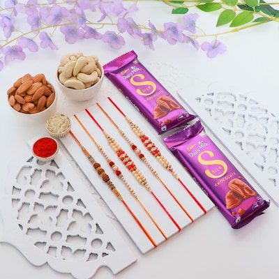 Set of 5 Rakhi with Dairy Milk Silk Chocolate and Dry Fruits