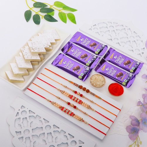 Buy Set of 5 Rakhi with Kaju Katli and Dairy Milk Chocolates