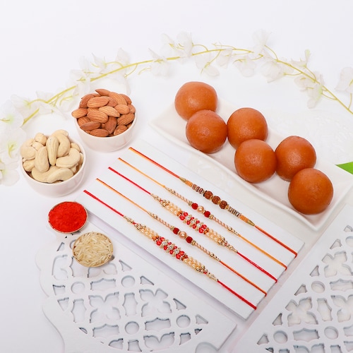 Buy Set of 5 Rakhi with Gulab Jamun and Dry Fruits