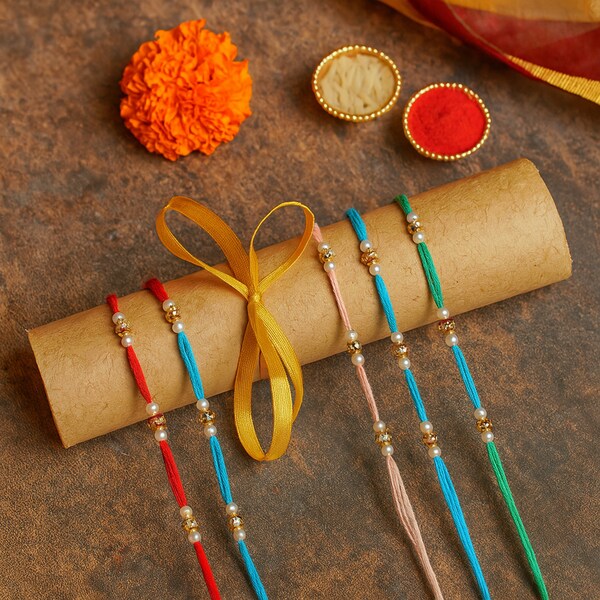 Vibrant Multicolor Rakhi Set of 5 with Beads and Pearls | Winni