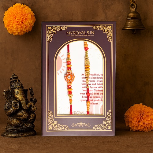 Buy Elegant Bhaiya Bhabhi Rakhi Set in Orange and Gold Beads