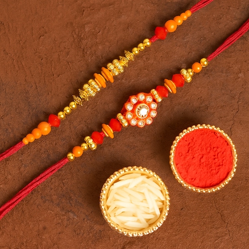 Buy Elegant Bhaiya Bhabhi Rakhi Set in Orange and Gold Beads