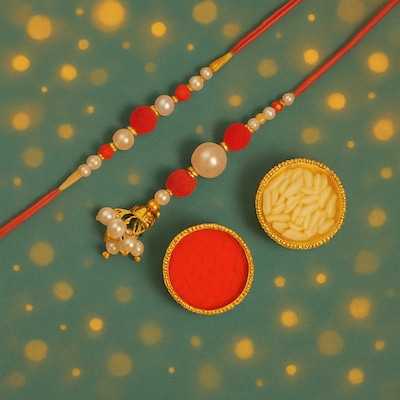Pearl Elegance Rakhi and Lumba Set in Red