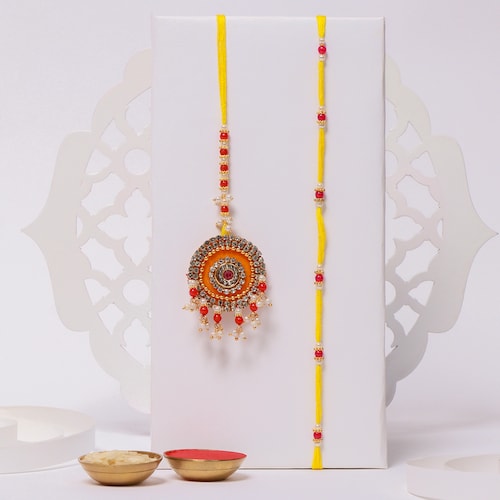 Buy Yellow Bhaiya Bhabhi Beads Rakhi Set