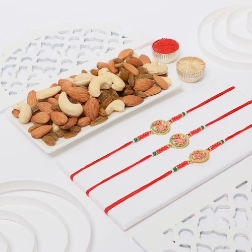 Buy Set of 3 Ganesha Rakhis with Mixed Dry Fruits