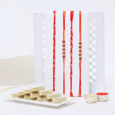 Set of 4 Rakhi with Kaju Katli