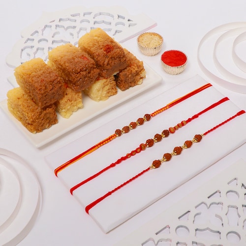 Buy Set of 3 Elegant Rakhi with Milk Cake