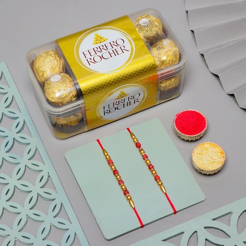 Buy Set of 2 Rudraksh Rakhis with Ferrero Rocher Chocolates