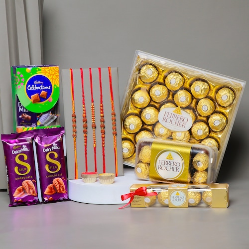 Buy Set of 5 Rakhis with Assorted Chocolates Hamper