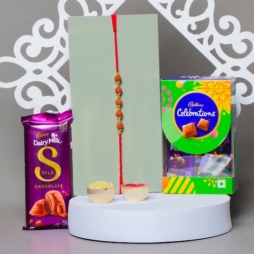 Buy Rudraksh Rakhi with Small Celebration Box and Silk Chocolate