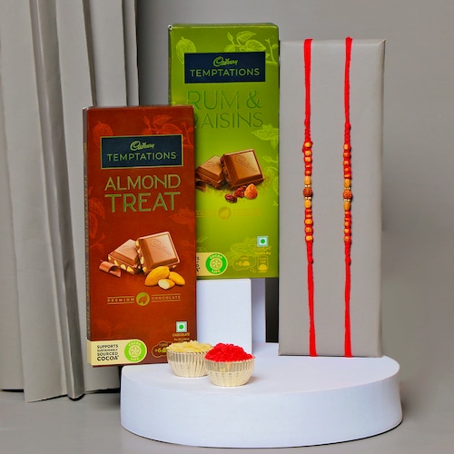 Buy Set of 2 Rakhis with Temptations Chocolates