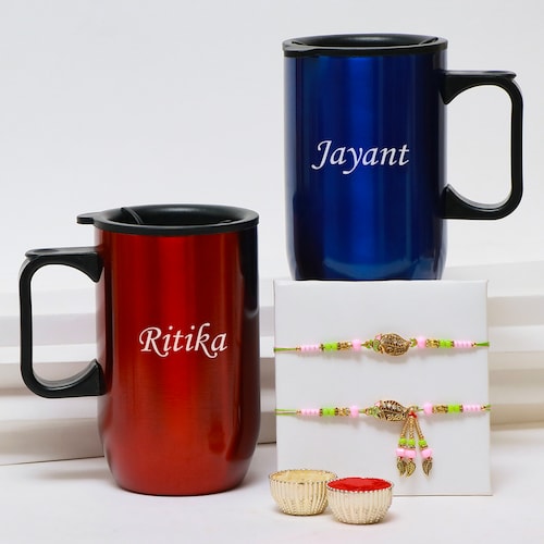 Buy Personalized Engraved Metal Mugs with Bhaiya Bhabhi Rakhi