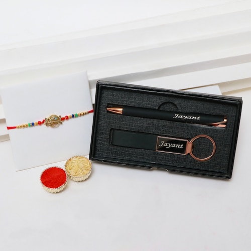Buy Personalized Pen Keychain Gift Set with Krishna Rakhi