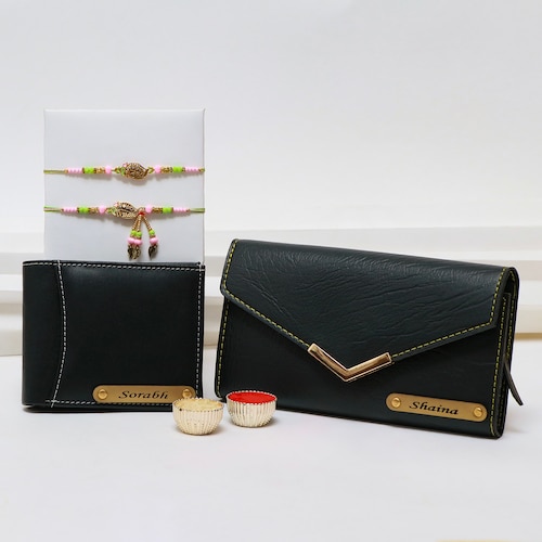 Buy Personalized Wallet and Clutch Rakhi Gift for Bhaiya Bhabi
