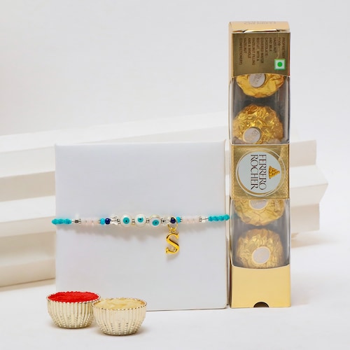 Buy Personalized Initial Evil Eye Rakhi with Chocolate