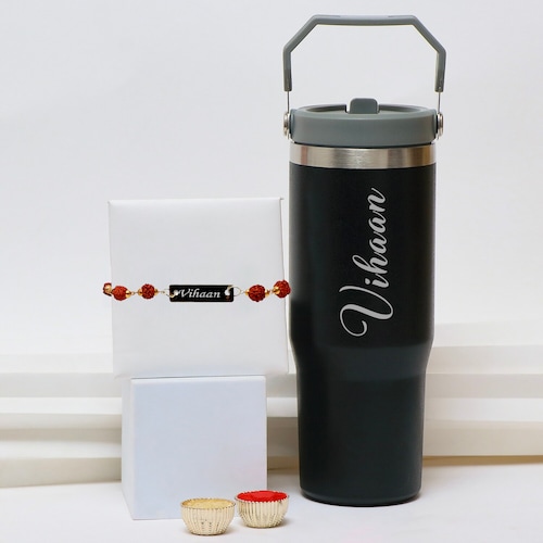 Buy Personalized Tumbler with Rudraksha Rakhi