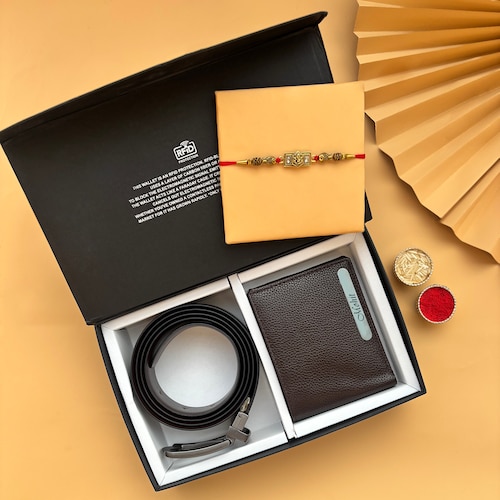Buy Personalized Wallet and Belt Gift Set with Rakhi