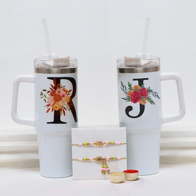 Personalized Pro Sip Tumblers Couple Set with Rakhi