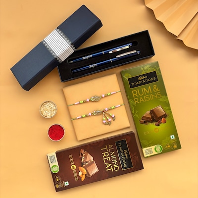 Rakhi with Personalized Pens and Cadbury Temptations