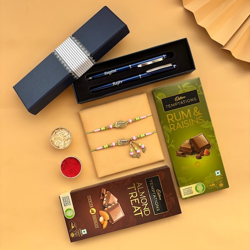 Buy Rakhi with Personalized Pens and Cadbury Temptations