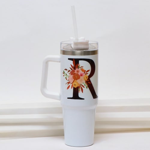 Buy Floral Monogram Handled Tumbler with Straw