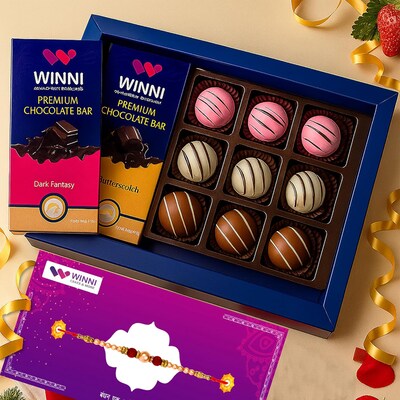 Delightful 2 Bars 9 Pcs Truffles Chocolates with Rakhi
