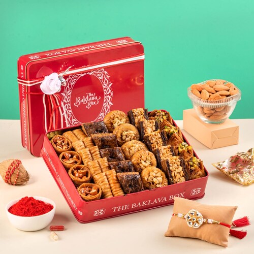 Buy Rakhi Gift In Royal Red Tin Gift Box