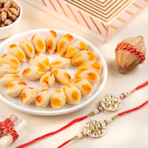Buy Almond Butterscotch Mithai with Set of 2 Rakhis