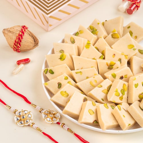 Buy Pistachio Kaju Katli with Sets of 2 Rakhis