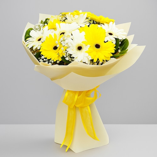 Buy Mix Gerbera Flowers Bouquet In White Wrapping