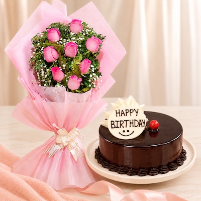 8 Pink Roses And Chocolate Cake Combo
