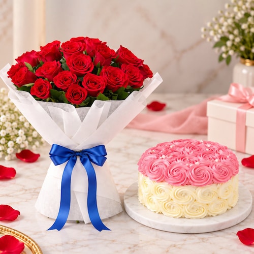 Buy 15 Red Roses Bouquet with Vanilla Rose Cake
