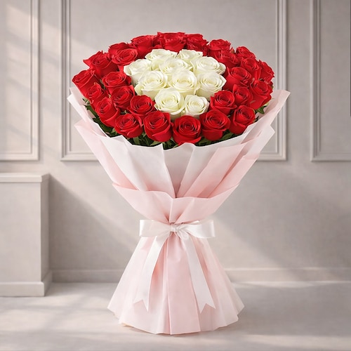 Buy 35 Red and White Roses Bouquet In Pink Wrap