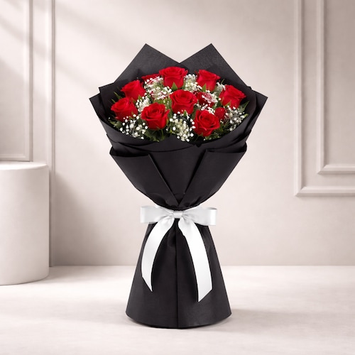 Buy 10 Red Roses In Black Paper Packing