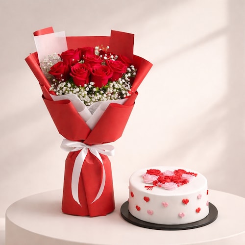 Buy 10 Red Roses bouquet With Rosy Black Forest Cake