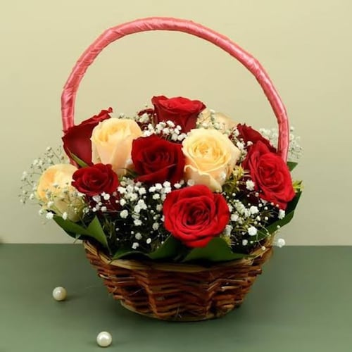 Buy Peach and Red Roses Flower Basket