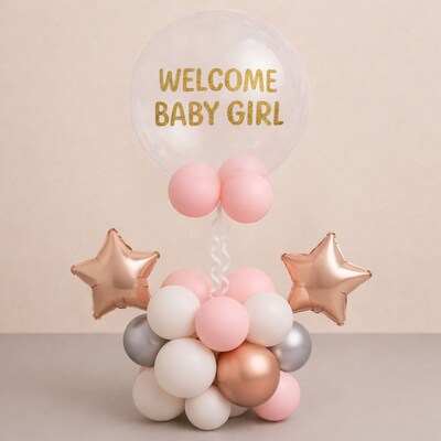 Welcome Baby Girl Blush Pink Star Balloon Tower