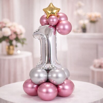 Rose Pink First Birthday Milestone Balloon Stack