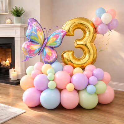 Butterfly Sparkle Age Number 3 Balloon Tower