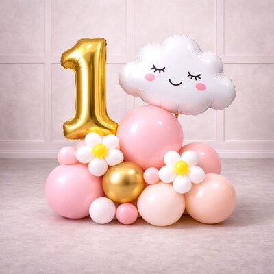 Peach Cloud 1st Birthday Celebration Balloon Tower