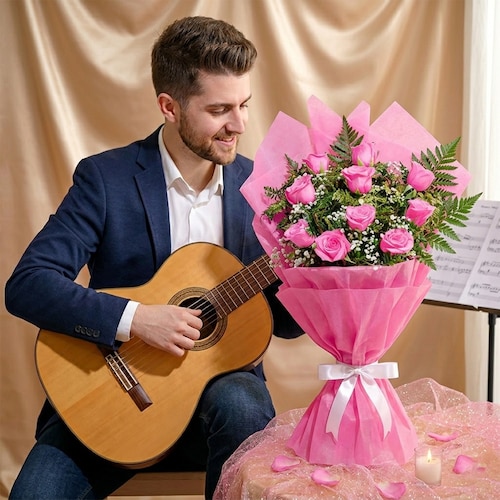 Buy Guitarist with 10 Pink Roses