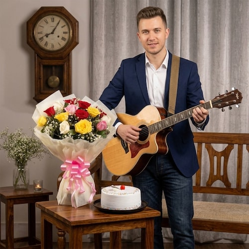 Buy Guitarist with Vanilla Cake and Mixed Roses