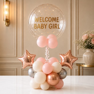 Welcome Baby Girl Blush Pink Star Balloon Tower