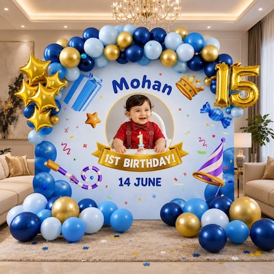 Blue Gold First Birthday Balloon Decoration