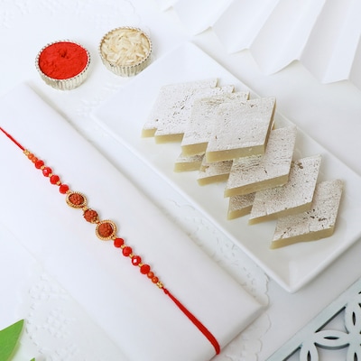 112188_Rudraksha Rakhi With Kaju Katli