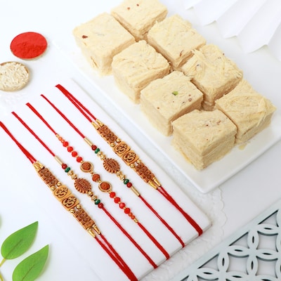112221_Rakhi Set of 5 with Soan Papdi Delight